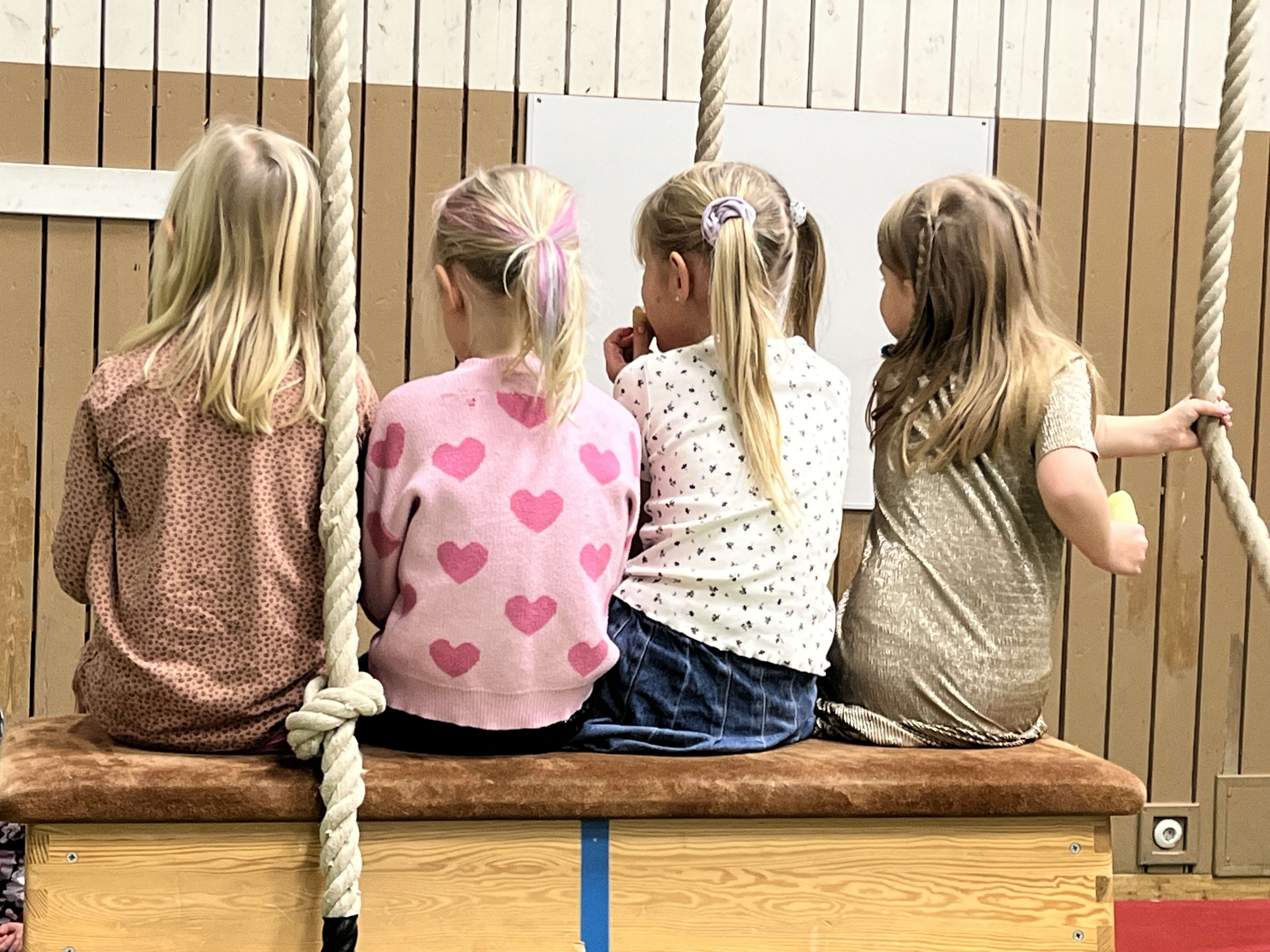 Girls sitting on bench in gymnastic class